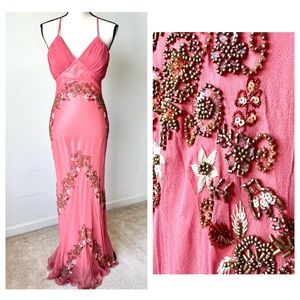 Vintage 90s 100% Silk Bead Dress Silk Dress Floral Prom Dress Fairy Cottage Pink